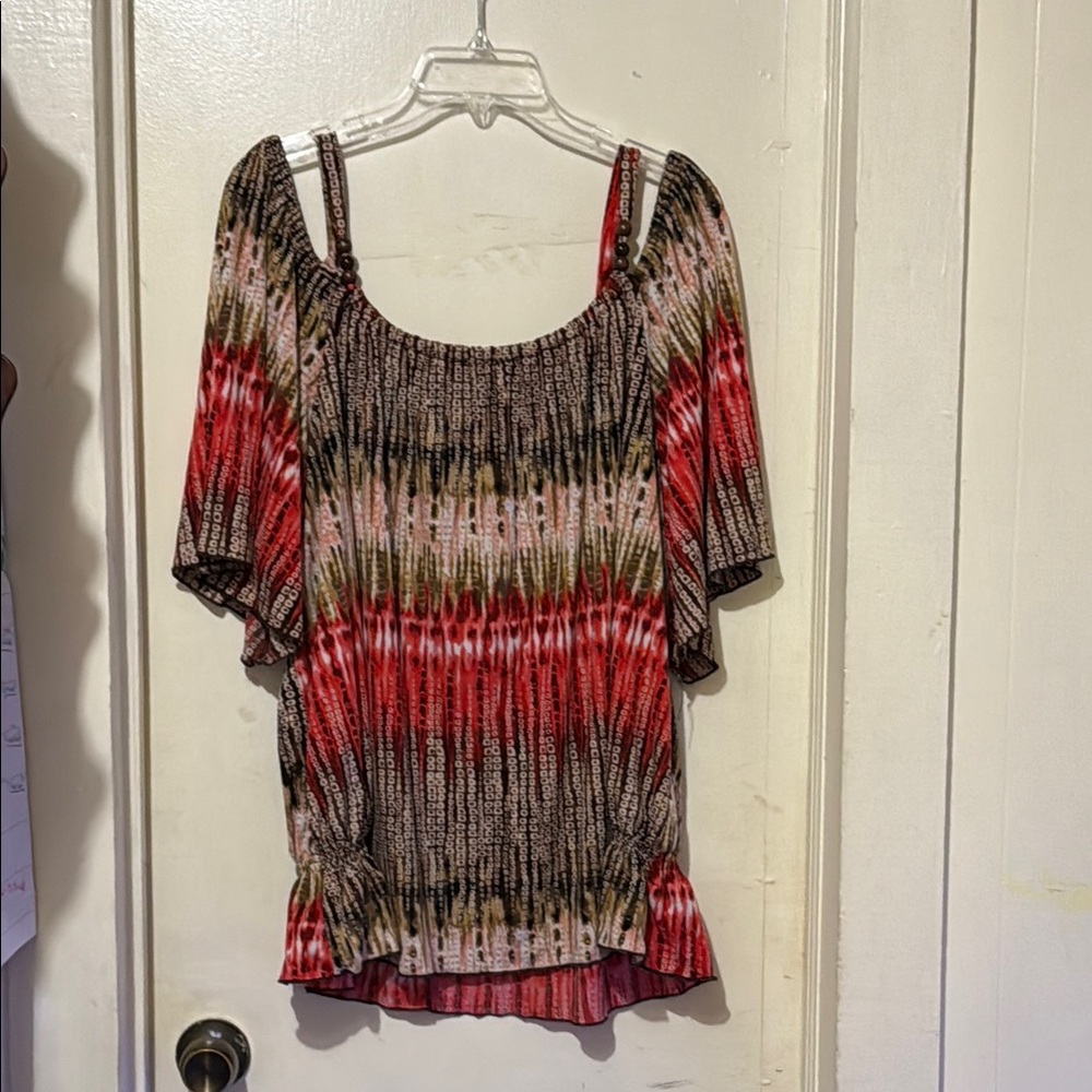 Cato Red and Black Ruched Blouse